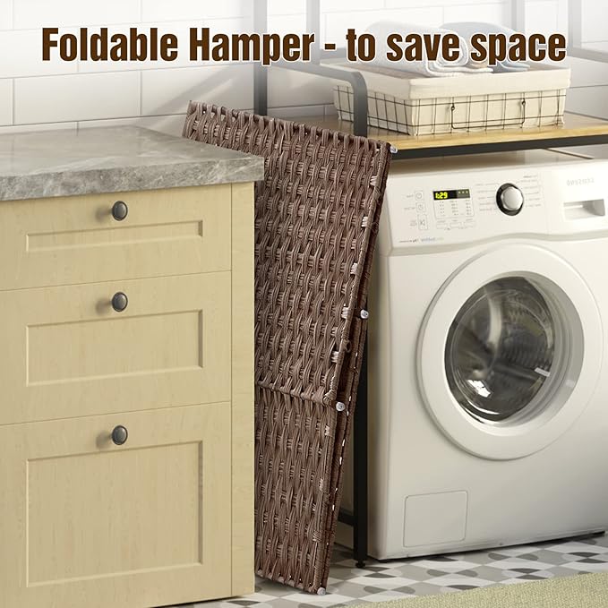 Greenstell Laundry Hamper with lid, No Install Needed, 110L Wicker Laundry Baskets Foldable 2 Removable Liner Bags, 2 Section Clothes Hamper Handwoven Rattan Laundry Basket with Handles, Brown