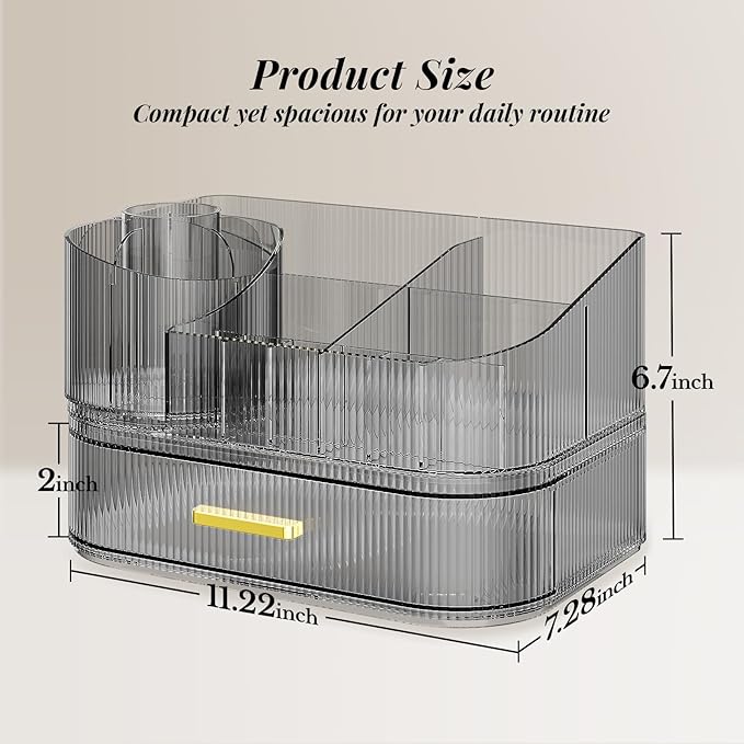 Delamu Makeup Organizer for Vanity with Stackable Drawers, 360 Rotating Makeup Brush Holder Large Cosmetic Display Case for Dresser, Bathroom Countertop Skincare Organizers and Storage, Crystal Black