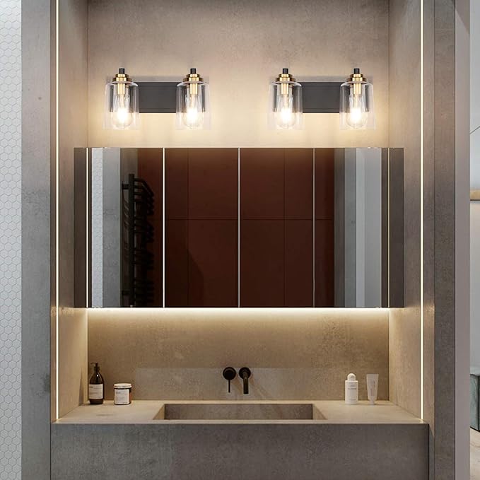 SOLFART 20.1 Inch Black Vintage Bathroom Vanity Light Fixtures Fixtures with Modern Glass Globe Shade Metal Brass Wall Lamp 2 Lights