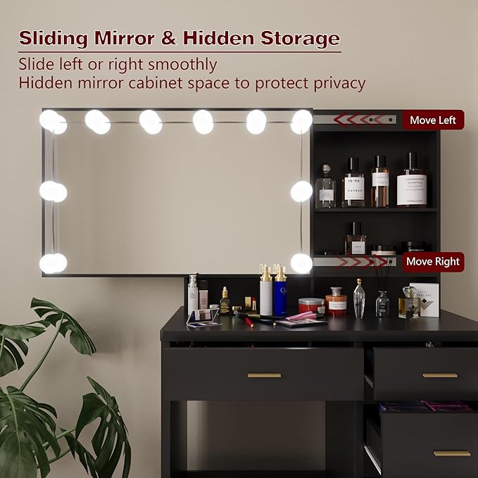 Makeup Vanity Desk with Sliding Mirror and Lights, Vanity Desk with 10 LED Bulbs, 3 Adjustable Light Modes, 5 Drawers & Storage Shelves, Makeup Vanity Set for Bedroom, Black