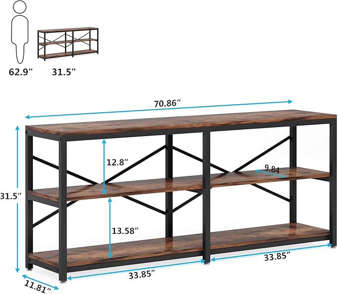 Tribesigns 70.9 Inch Extra Long Console Table, Modern Sofa Table Behind Couch Table with Storage Shelves, 3-Tier Industrial Hallway Entryway Table for Living Room, 3 Shelf Bookshelf(Brown)