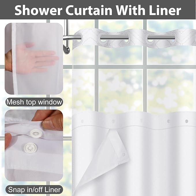 No Hook Shower Curtain Set with Snap in Liner, White Jacquard Tufted Geometric Bath Curtain, Boho Luxury Hotel Bathroom Decor, Waterproof Washable, 71 x 86 Inch