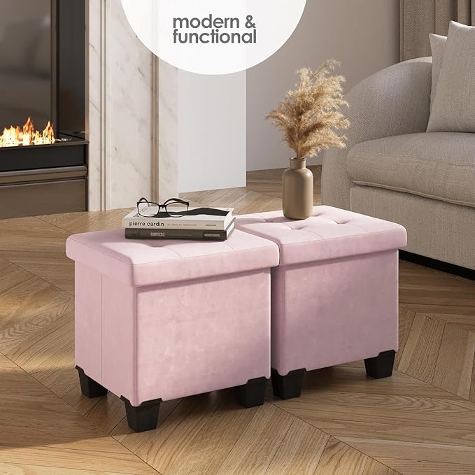 STORAGEBUD Storage Ottoman Cube with Small Bin, 15-in Square Ottoman with Storage for Living Room and Bedroom, Small Ottomans Foot Rest, Velvet Foot Stools Ottomans Max 330lbs, Pink