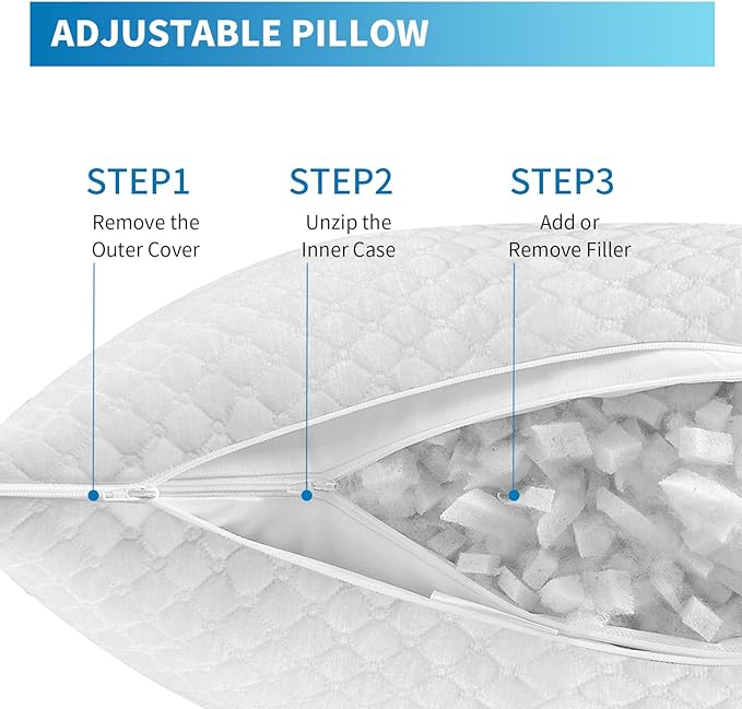 Shredded Memory Foam Pillows, Bed Pillows Standard Size, Cooling Pillows for Sleeping, Adjustable Firm Pillows for Side Back and Stomach Sleepers, Bed Pillows with Washable Removable Cover