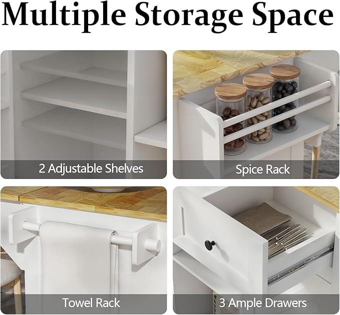 Rolling Kitchen Island Cart with Drop Leaf, Large Kitchen Island on Wheels with Storage and 3 Drawers, Mobile Island for Kitchen with Rubber Wood Countertop, Towel Rack (White, X-Large)