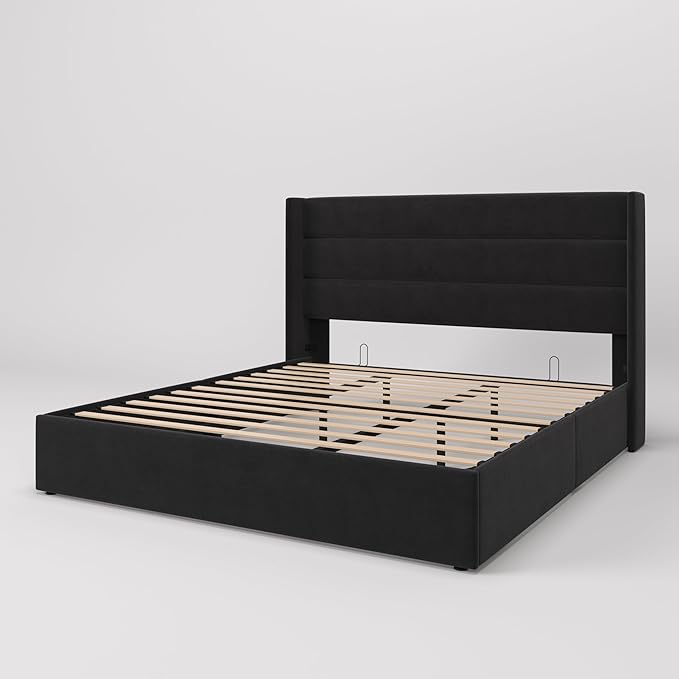 SHA CERLIN King Size Lift Up Storage Bed/Velvet Upholstered/Modern Wingback Headboard/Upholstered Platform Bed Frame/Hydraulic Storage/No Box Spring Needed/Black