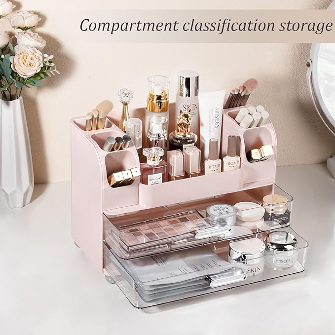 Anyoifax Makeup Organizer Countertop with Large Drawers, Vanity Organizer with Brush Holder, Skin Care Storage for Dresser, Perfume Organizer for Lotion, Lipsitck, Palette, Pink