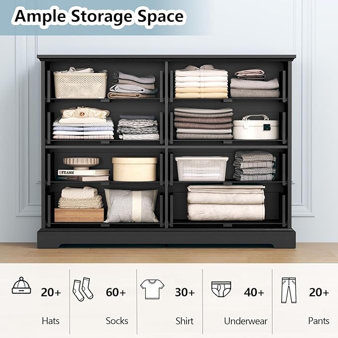 Dresser for Bedroom with 8 Drawer, Farmhouse Dresser for Closet,47'' Wide Rustic Wooden Chest of Drawers with Natural Wood Texture, Vintage Storage Organizer for Living Room, Hallway, Black