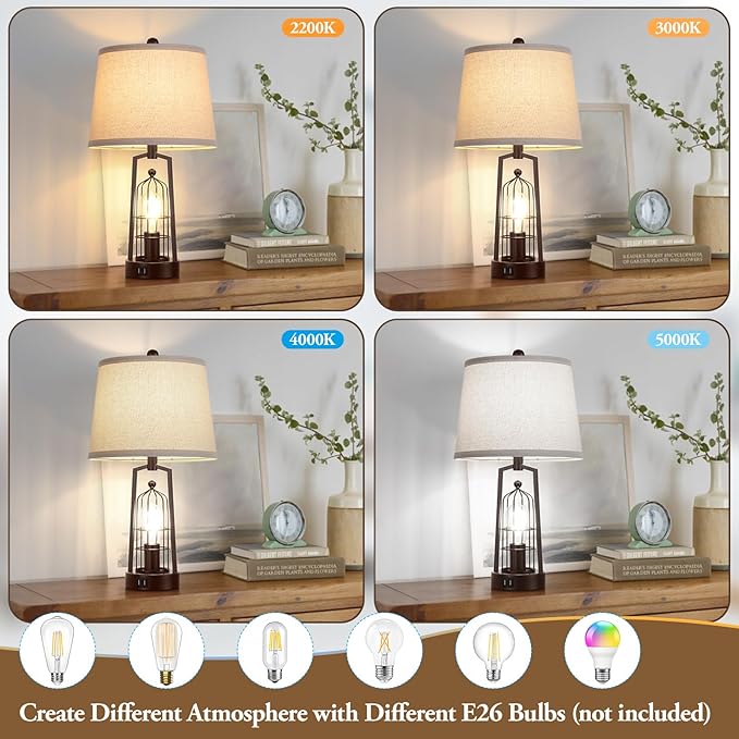 Farmhouse Table Lamps with 2 USB Ports, Set of 2 Rustic Industrial Desk Lamp for Living Room, 2-Light with Beige Lampshade for Bedside, Bedroom, Nightstand, House Decor, Reading(Bronze)