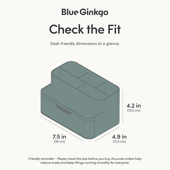 BLUE GINKGO Compact Desk Organizer – Small 5-Compartment, Half Drawer Storage – Pen Holder, Stationery Organizer for Desktop, Vanity, Shelf (Made in Korea, Green)