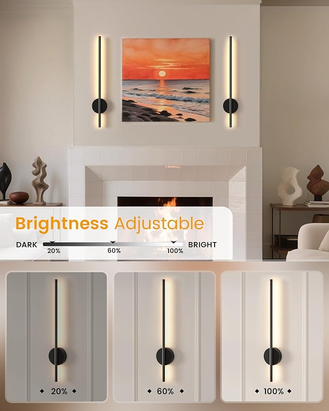 NIORSUN 27.6 Inch Battery Operated Wall Sconce Set of 2, Black Minimalism Rechargeable Wall Lights with Remote, 3CCT Dimmable Wireless Wall Lamp for Living Room Bedroom Hallway