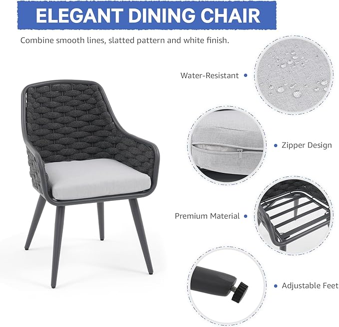 SUNSITT 11-Piece Outdoor Patio Dining Set, 63" - 105" Aluminum Expandable Outdoor Dining Table Set for 10, 10 Woven Rope Chairs with Gray Removable Cushions