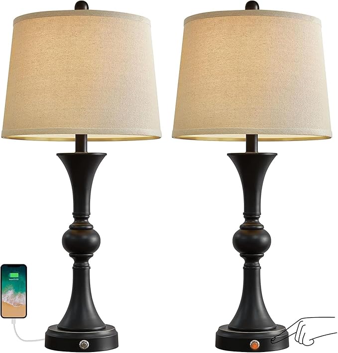 Oneach 28" Table Lamps for Living Room Set of 2, Bedside Lamps with 3 Way Dimmable Touch Lamps for Nightstand Bedroom Farmhouse Lamp End Table Lamp with USB Charging Port