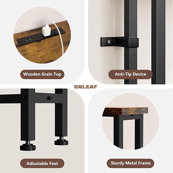 GRLEAF 90" Sofa Table with Built-in Power Strip (4 AC Outlets & 4 USB Ports) – 4.9ft Power Cord, Metal Frame, Easy Assembly, Long Couch Table Behind Sofa, Living Room and Home Office | Rustic Brown