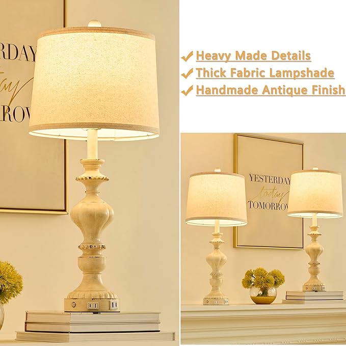 27.5" Farmhouse Table Lamps Set of 2 Bedside Nightstand Lamp with USB C+A Ports & AC Outlet, 3 Way Dimmable Touch Lamps for Bedroom Living Room Office Hallway Rustic Traditional Lamp