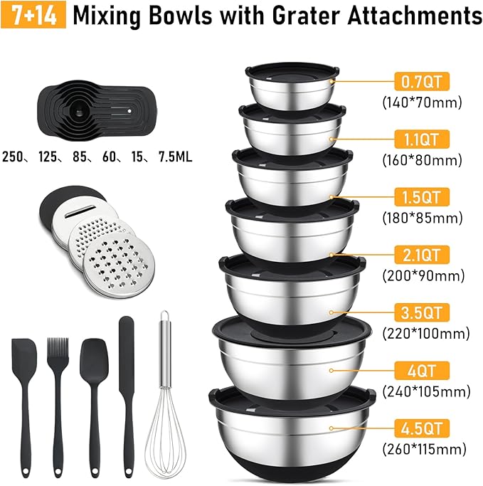 Unokit Mixing Bowls with Lids Set, 7 Pcs Stainless Steel Mixing Bowls with 3 Grater Attachments, Non-Slip Silicone Base Mixing Bowl Set, Sizes 4.5, 4, 3.5, 2.1, 1.5, 1.1, 0.7 Qt for Mixing, Serving