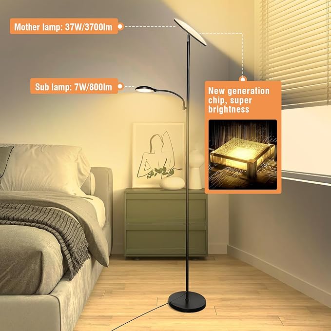 Floor Lamps for Living Room, 44W/4500LM Super Bright 2 in 1 LED Floor Lamp with Remote, Stepless Dimmable, 69" Tall Standing Floor Lamp with Bendable Reading Light for Bedroom Office