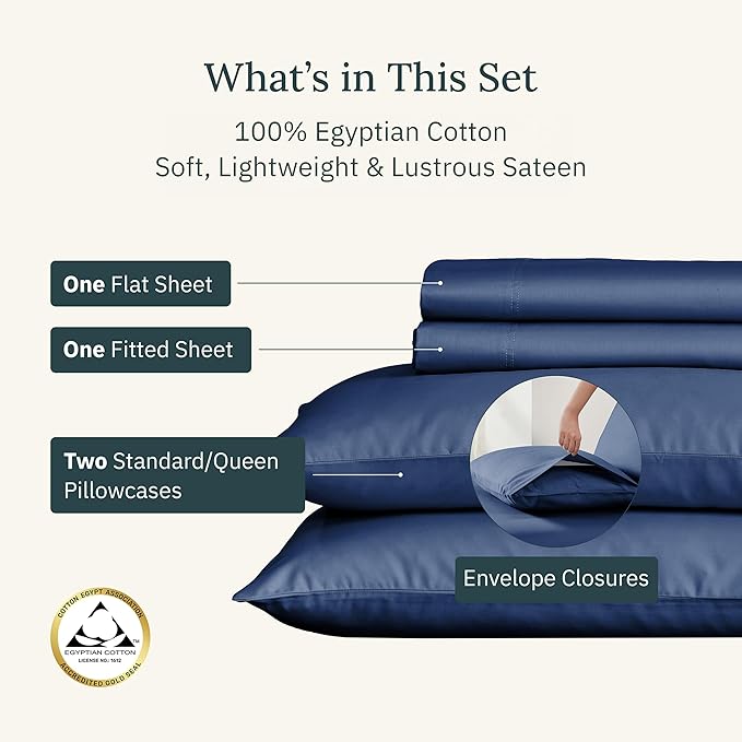 California Design Den Full Size Bed Sheets Set - Certified 100% Egyptian Cotton Sheets, Soft Sateen, Deep Pockets with Anti-Skid Elastic, Cool and Durable Luxury Bedding - Navy Blue
