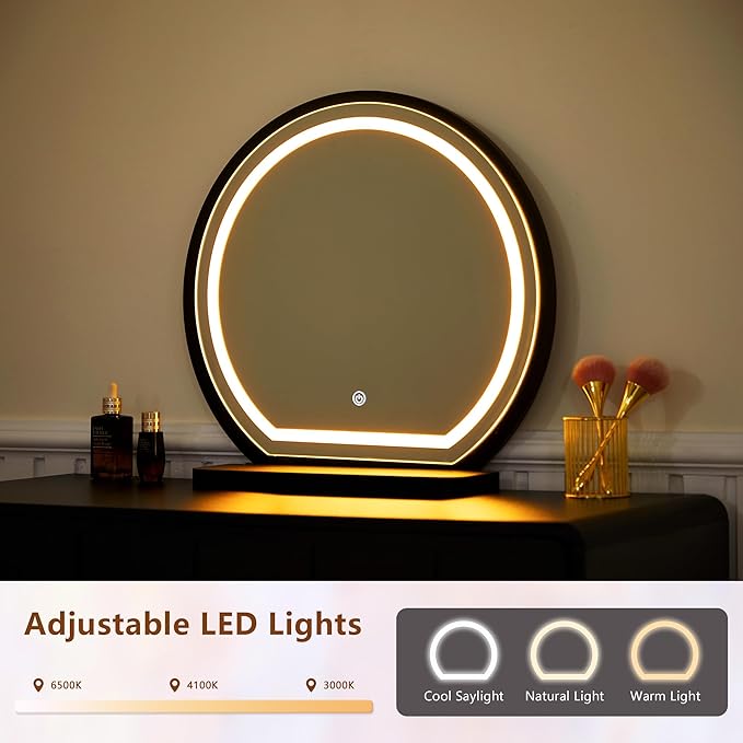 ORRD Vanity Desk with Mirror and Lights, Modern Wood Wave Panel Vanity Desk Set Makeup Table with Drawers and Cabinet, Dressing Table with Storage for Bedroom, Black