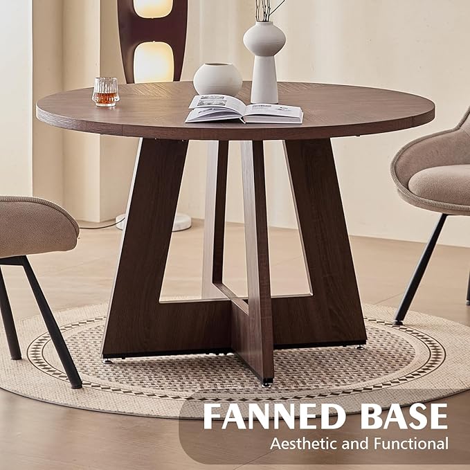 47" Round Dining Room Table Set for 4, [Fanned Base] [1.38" Thick Top] Wood Kitchen Table with 4 Swivel Dining Chairs