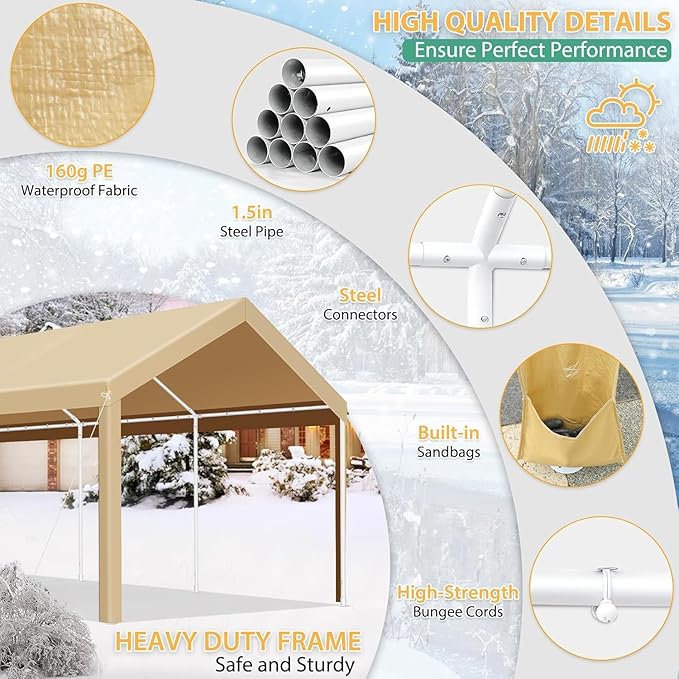 COBIZI Carport 10x20ft Heavy Duty Portable Garage, 2.0 Powder Coated Frame(Better Than Galvanized), Waterproof Shelter with Built-in Sandbags, for Car/Boat/SUV, Khaki