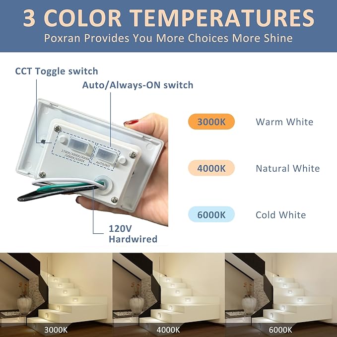 4 Pack Motion Sensor LED Step Lights, 3CCT Adjustable 3000K/4000K/6000K Stair Lights, 4W 300LM Dimmable Staircase Lighting, IP65 Waterproof for Indoor Outdoor, 120V Hardwired, ETL, White
