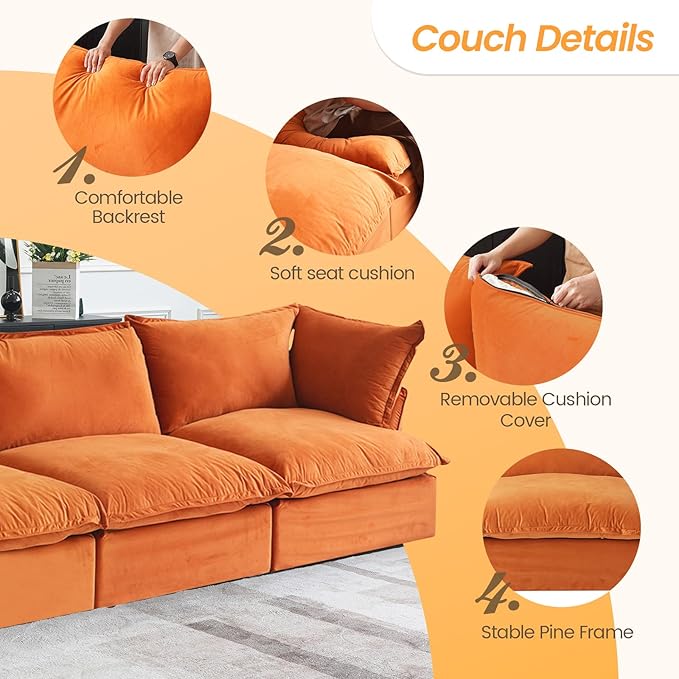 JACH Modular Sectional Couches for Living Room, 162" Deep 4 Seater Sectional Sofa, Cushion Covers Removable, Two Corners and Two Middle, Sofas Furniture for Living Room, Orange