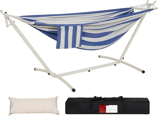 LazyDaze Hammocks Double Hammock with Stand - 2 Person Heavy Duty Outdoor Hammock for Adults, Includes Durable Steel Stand, Portable Carrying Bag and Pillow, Blue White