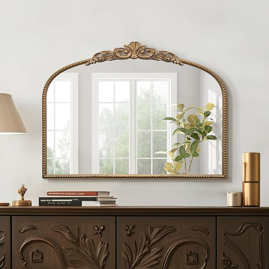 Micasso Gold Vintage Wall Mirror: 24"x 32" French Baroque Antique Arched Wall Mounted Mirror - Traditional Ornate Decorative Entryway Mirror for Home Decor/Entryway/Fireplace/Living Room/Hallway