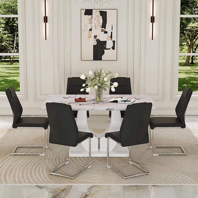 Dining Table Set for 6, Kitchen Table Chairs Set of 6, Modern Dining Room Set 63'' Faux Marble Dinner Table PU Leather Upholstered Chairs for Kitchen