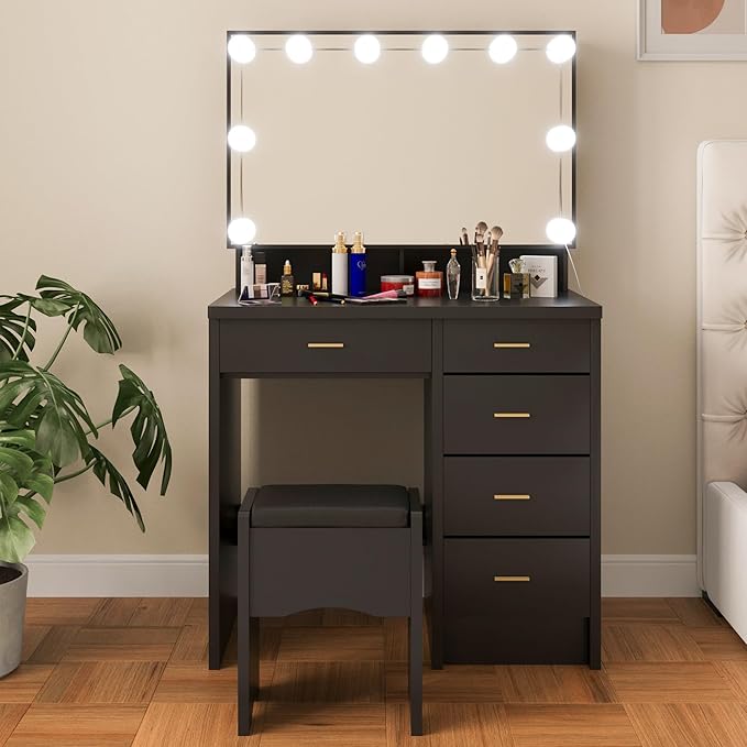 Makeup Vanity Desk with Sliding Mirror and Lights, Vanity Desk with 10 LED Bulbs, 3 Adjustable Light Modes, 5 Drawers & Storage Shelves, Makeup Vanity Set for Bedroom, Black