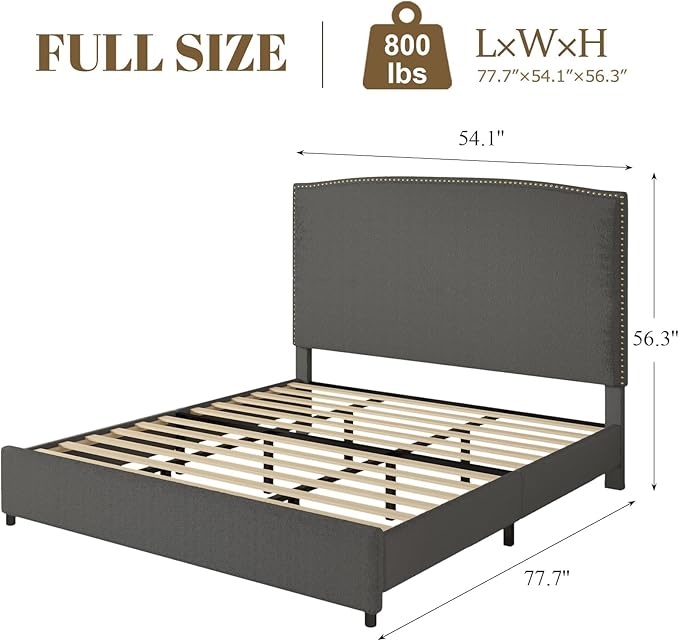 Full Bed Frame, Full Size Upholstered Platform Bed Frame with 56" Headboard, Soft Boucle Fabric, Mid-Century Modern Design, No Box Spring Required, Easy Assembly, Grey