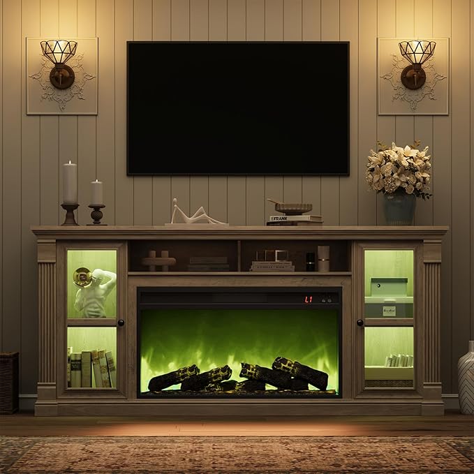 Farmhouse Fireplace TV Stand Up to 80" TVs, 70" Modern Highboy Entertainment Center with 36" Electric Fireplace & LED Lights, Media Console with Adjustable Shelves for Living Room, Gray