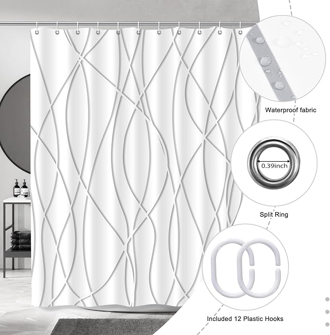 Punkray Grey Shadow Shower Curtain for Bathroom with Hooks, Shower Curtain Set Stripe Bath Curtains Decor White Shower Curtains Weighted Hem Washable, 72 x 72
