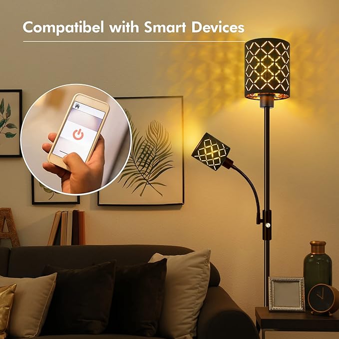 Gothic Black Floor Lamp with Adjustable Reading Light, 71" LED Torchiere Standing Lamp with Gold-Lined Shade, 3-Way Switch, Bulbs Included — Moody Industrial Decor for Bedroom & Living Room