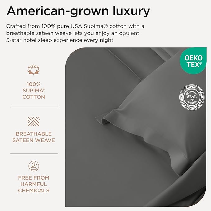 Threadmill Certified 100% American Supima Cotton Sheets, Queen Sheet Set, 1000 Thread Count, 4 Piece Luxury Bedding Set, Hotel Quality Sateen Weave, Dark Grey BedSheets with Elasticized Deep Pocket