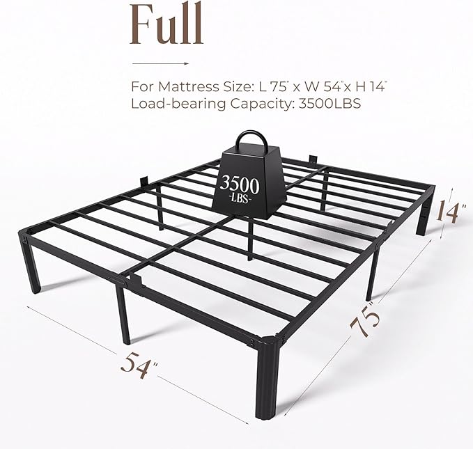 14 Inch Metal Bed Frame Full Size, Heavy Duty Balck Platform Full Size Bed Frame with Round Corner Legs, Mattress Slide Stopper, No Box Spring Needed, Easy Assembly