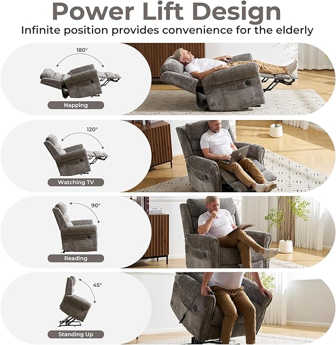 Power Lift Recliner Chair for Elderly with Adjustable Headrest, Oversized Lay Flat Recliner with Massage and Heat,28" Extra Wide Lift Chair for Big and Tall , Infinite Position,Extended Footrest, Grey