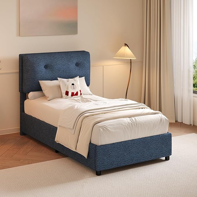 Twin Bed Frames,Breathable Boucle Fabric Upholstered Bed Frame Twin with Headboard,Removable and Washable,Wood Slat Support,No Box Spring Needed,Easy Assembly,Cama Individual,Navy Blue