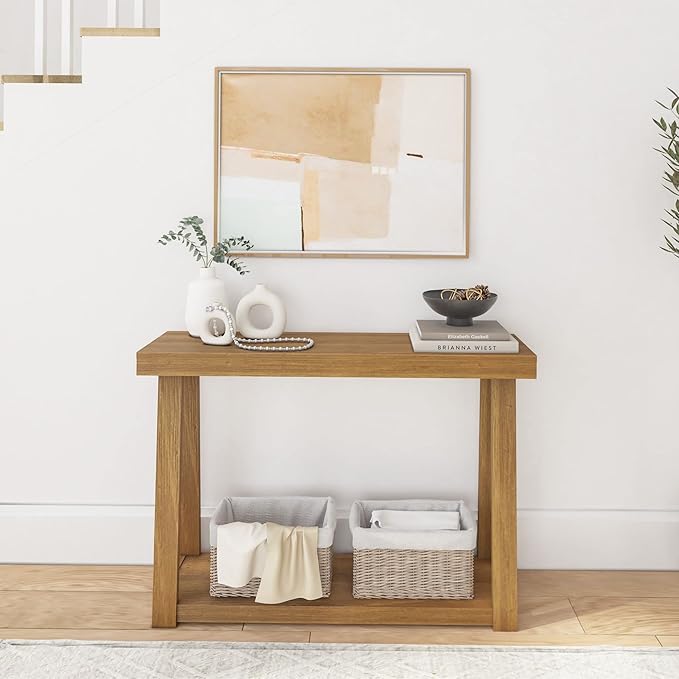 Plank+Beam Solid Wood Console Table with Storage, 46.25 Inch, Sofa Table with Shelf, Narrow Entryway Table for Hallway, Behind The Couch, Living Room, Foyer, Easy Assembly, Pecan