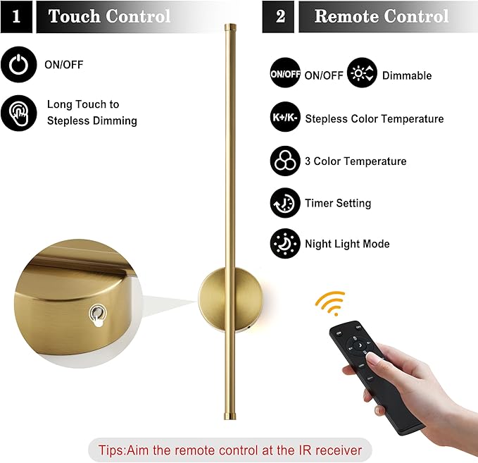 Battery Operated Modern Wall Sconces, Dimmable Wireless Wall Light Set of Two with Remote Control, 3 Color Temperatures, Rechargeable LED Wall Sconce for Bedroom, Living Room, Hallway, 23.6 Inch Brass