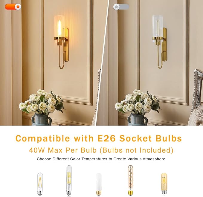 Gold Wall Sconces Set of 2, Modern Bathroom Lights with Clear Glass Shade, Indoor Farmhouse Wall Sconce for Living Room, Bedroom, Hallway, Vanity, Stairwell and Kitchen