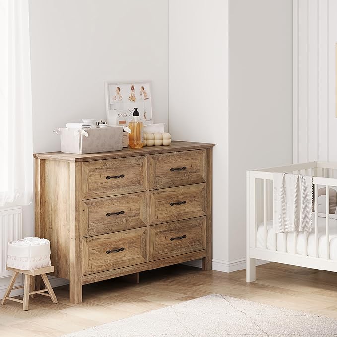 LINSY HOME 6 Drawer Double Dresser for Bedroom, Modern Farmhouse Wide Chest of Drawers, Dressers Organizer for Living Room, Closet, Hallway, Rustic Brown