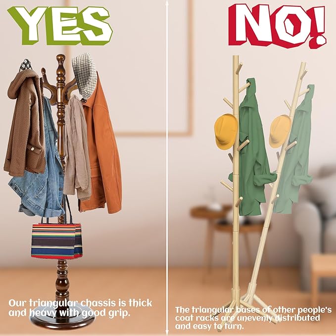 73 in Wood Coat Rack, Coat Rack Freestanding with Stable Round Base, Adjustable Height Tree Coat Racks Stand for Home Bedroom Office Hallway Entryway (Antique color)