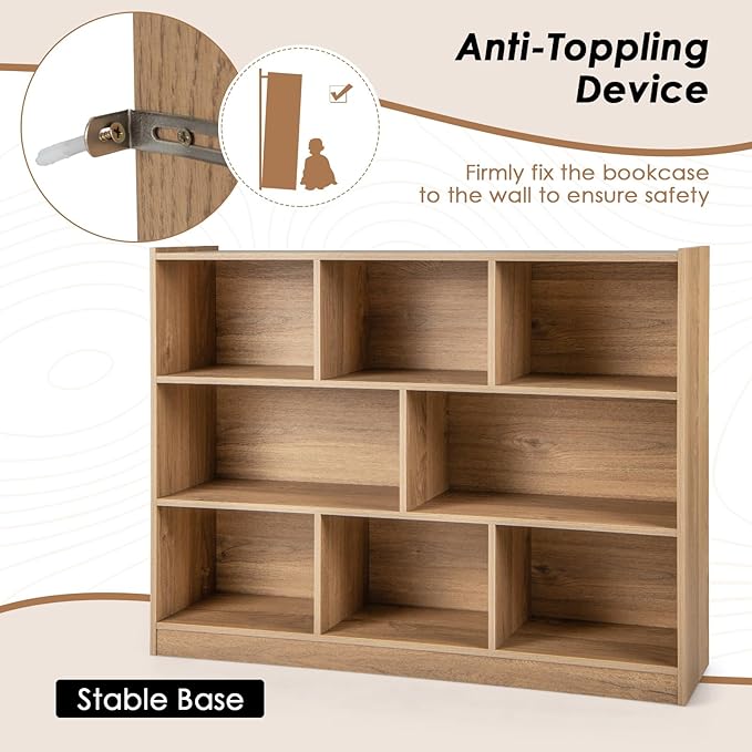 NAFORT 8-Cube Organizer Storage Cabinet, 3-Tier Bookshelf,Low Displaycase, Wooden Bookcase for Bedroom/Preschook/Classroom/Office, Natural