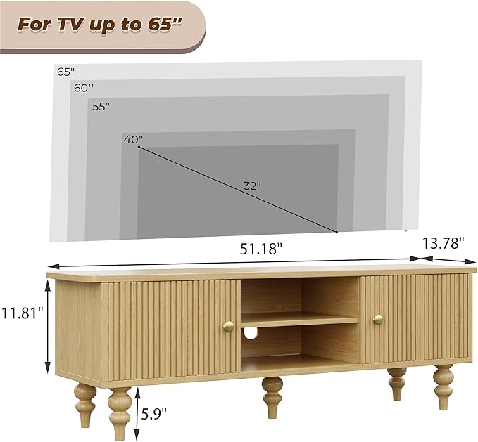 Mid-Century Modern Fluted TV Stand, Solid Wood Home Entertainment Center with Storage Cabinets and Shelves, Retro Media Console Table, for Living Room, Nature