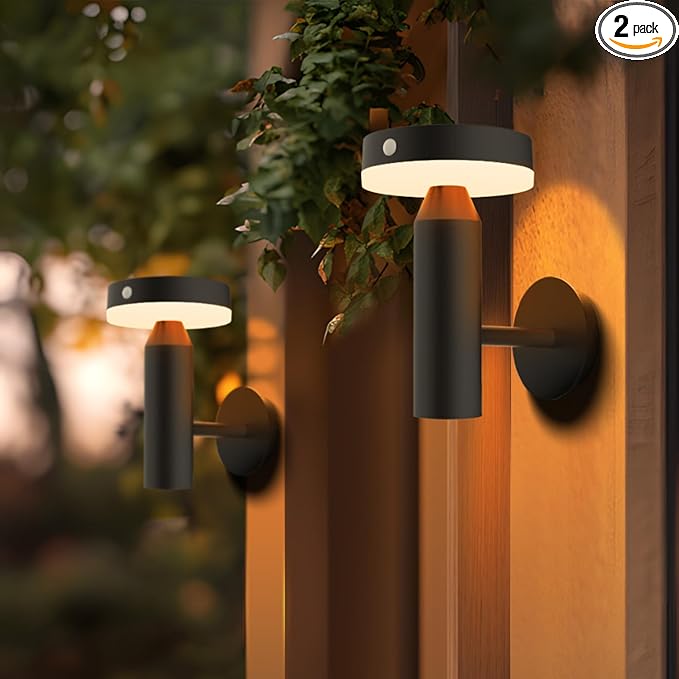 Round Solar Wall Lights - Solar Powered Wall Lamps - LED Lights - PIR Sensor & Two Lighting Modes - Rechargeable Battery - 3000K, 1.3W Solar Panel & 3.7V - IP44 Weather Resistant - 2 Pack