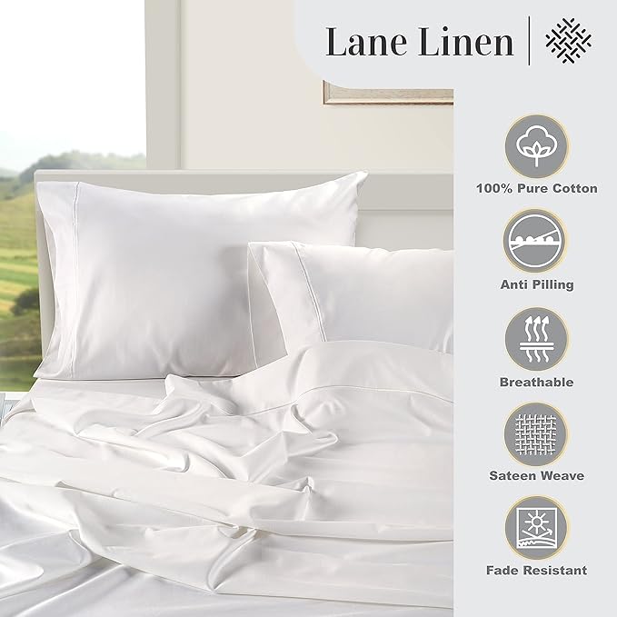 LANE LINEN King Size Pillow Case Set of 2 100% Egyptian Cotton Cases 1000 Thread Count Sateen White Cooling Cover - Perfect for Home Hotels & Hospital Use