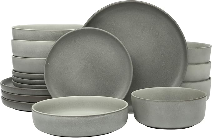 Gibson Elite Pasco 16 Piece (Service for 4) Plates and Bowls Double Bowl Reactive Glaze Dishes Stoneware Ceramic Dinnerware Set - Grey