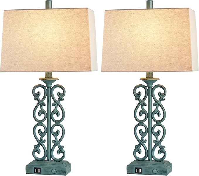 25" Set of 2 Touch Vintage Resin Table Lamps for Living Room, 3-Way Dimmable Nightstand Lamp with 2 USB Ports, Farmhouse Rustic Bedside Lamp for Entryway Bedroom End Table, 2 LED Bulb Included